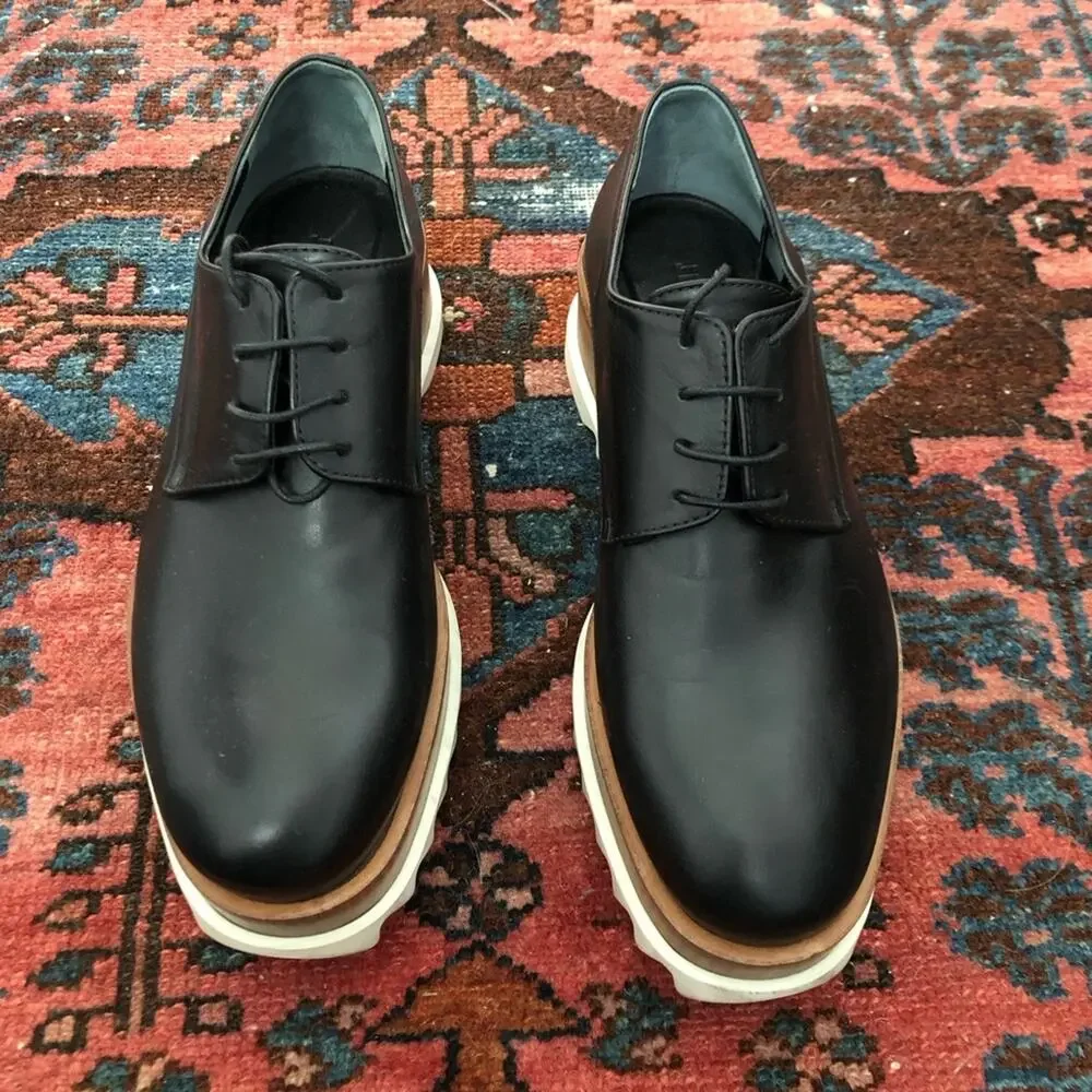 JIL SANDER Black Leather Wooden Platform Derbys Flats Shoes Size 36